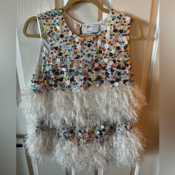 Asos Edition ditsy floral sequin crop top and matching skirt with feather trim - Picture 1 of 5